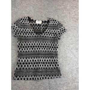 Vintage 90s A.BYER Sheer Shirt Womens L Crochet Knit Geometric V-Neck Boho Y2K